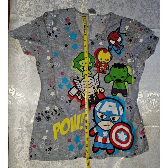 Marvel Avengers Cartoon Character Gray Scrub top With Funko Style Graphics Work - Picture 4 of 4